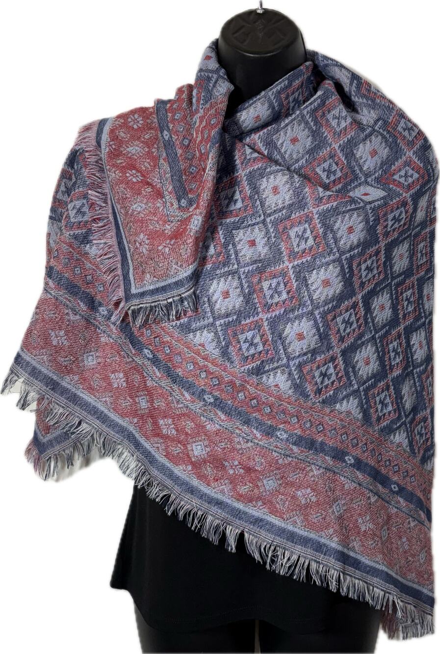 Square Scarf Light Blue Pink Geometric Floral With Fringe, 40" Square